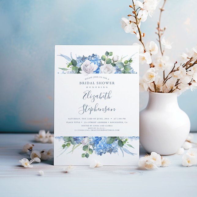 Invitation Dusty Blue Floral Greenery Fête des mariées modern (Dusty Blue and White Flowers Bridal Shower Invitations)