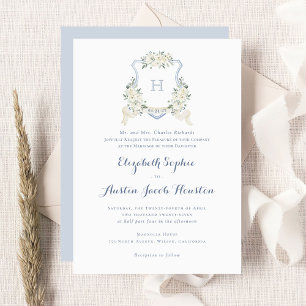 Invitation Dusty Blue Floral Greenery Monogram Crest Mariage