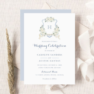 Invitation Dusty Blue Floral Greenery Monogram Crest Mariage