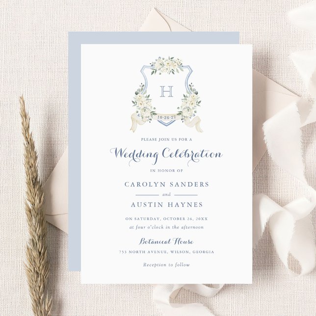 Invitation Dusty Blue Floral Greenery Monogram Crest Mariage (Créateur téléchargé)