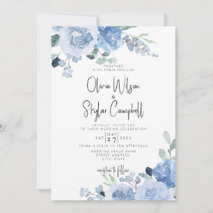 Invitation Dusty Blue Floral Light QR Code tout en un Mariage