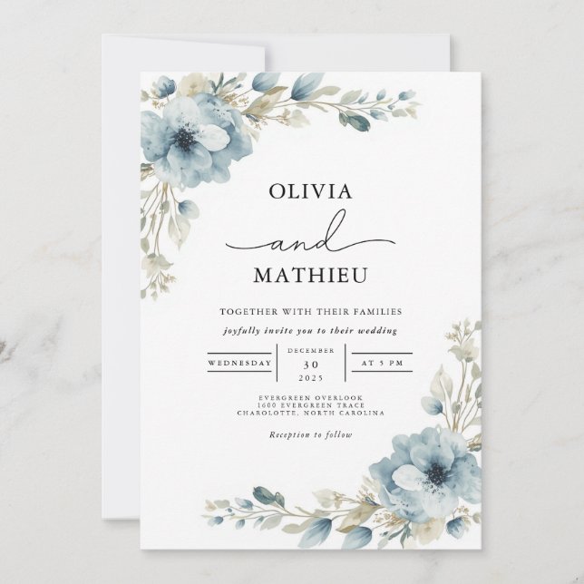 Invitation Dusty Blue Floral Mariage botanique (Devant)