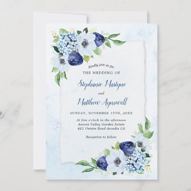Invitation Dusty Blue Floral Mariage botanique moderne (Devant)