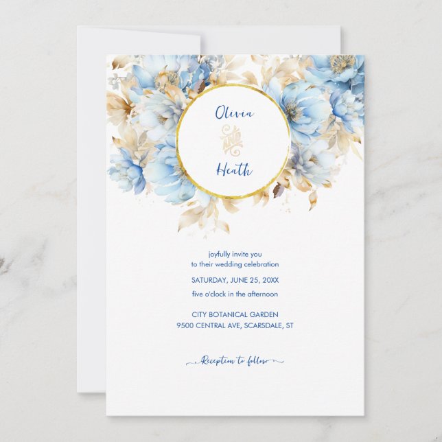 Invitation Dusty Blue Floral Mariage or (Devant)