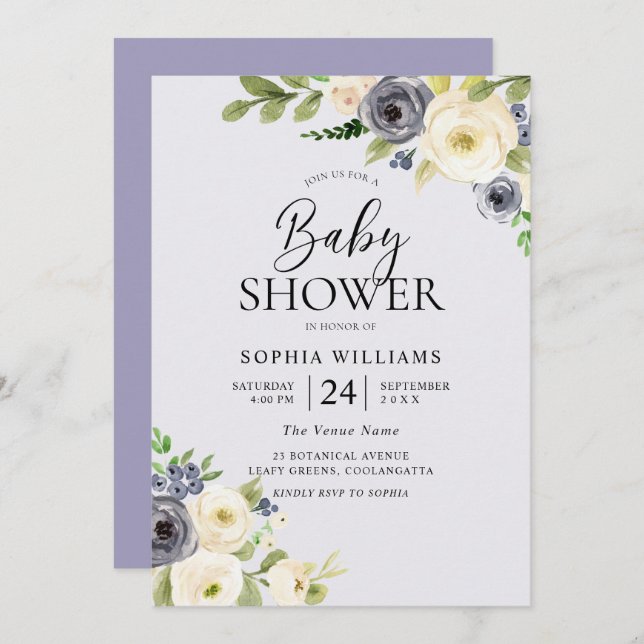 Invitation Dusty Blue Floral Marine Boys Baby shower (Devant / Derrière)