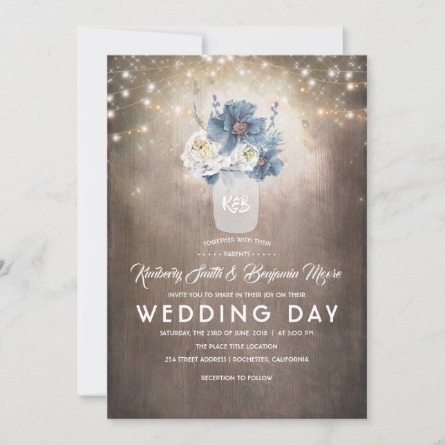 Invitation Dusty Blue Floral Mason Jar Mariage campagnard rus (Devant)
