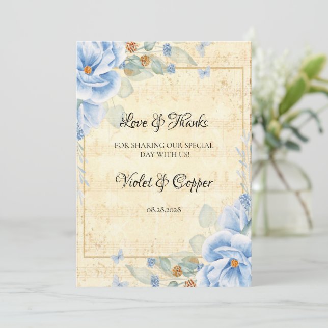 Invitation Dusty Blue Floral Musical Mariage Amour et Merci (Debout devant)