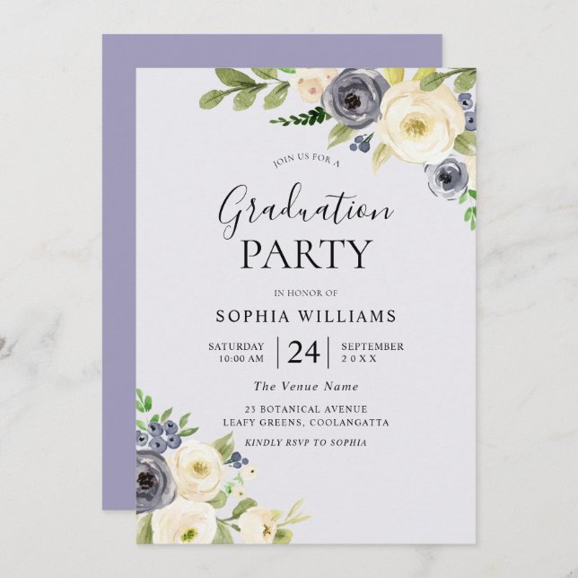 Invitation Dusty Blue Floral Navy Graduation Party (Devant / Derrière)