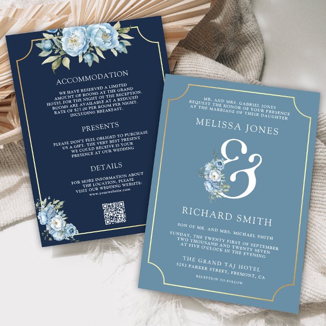 Invitation Dusty Blue Floral Navy QR Code tout en un Mariage (Créateur téléchargé)