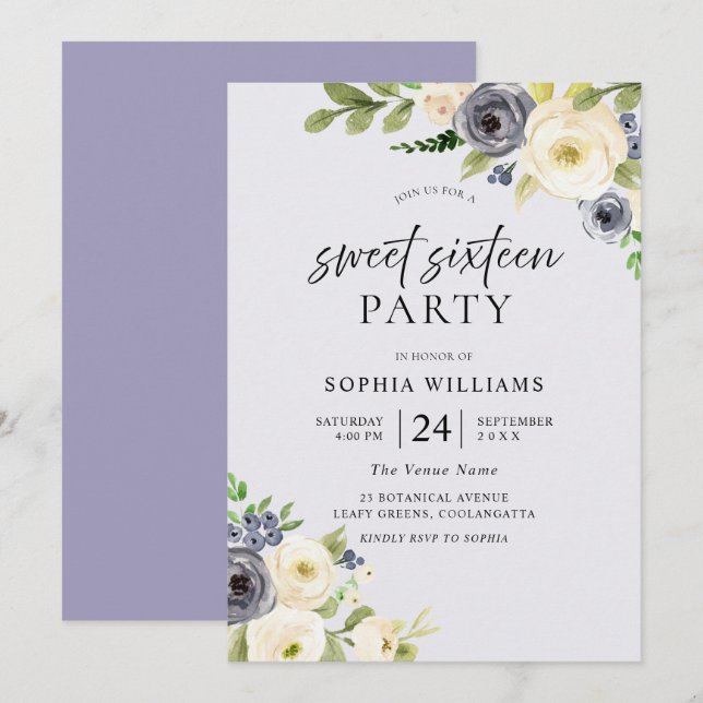 Invitation Dusty Blue Floral Navy Sweet 16 Party (Devant / Derrière)