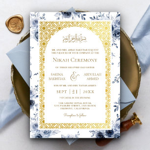 Invitation Dusty Blue Floral or Motif musulman Mariage