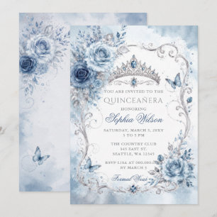 Invitation Dusty Blue Floral Papillon Robe de Quinceañera