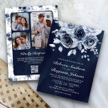 Invitation Dusty Blue Floral Photo QR Code Marine Mariage<br><div class="desc">Éblouissez vos invités avec cet invitation de mariage élégant avec de belles fleurs et une typographie moderne avec QR Code pour RSVP en ligne. Ajoutez simplement les détails de votre événement sur ce modèle facile à utiliser et décorez cette carte avec vos photos préférées pour en faire une invitation personnalisée...</div>