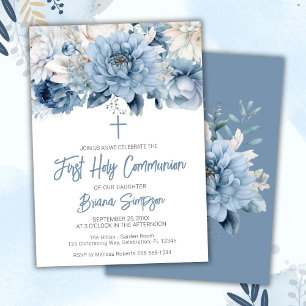 Invitation Dusty Blue Floral Première communion sainte