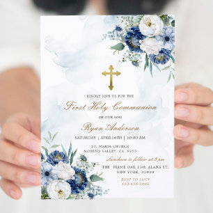 Invitation Dusty Blue Floral Première communion sainte