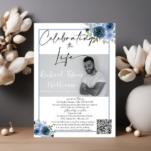 Invitation Dusty Blue Floral QR Code Memorial Photo Funéraill