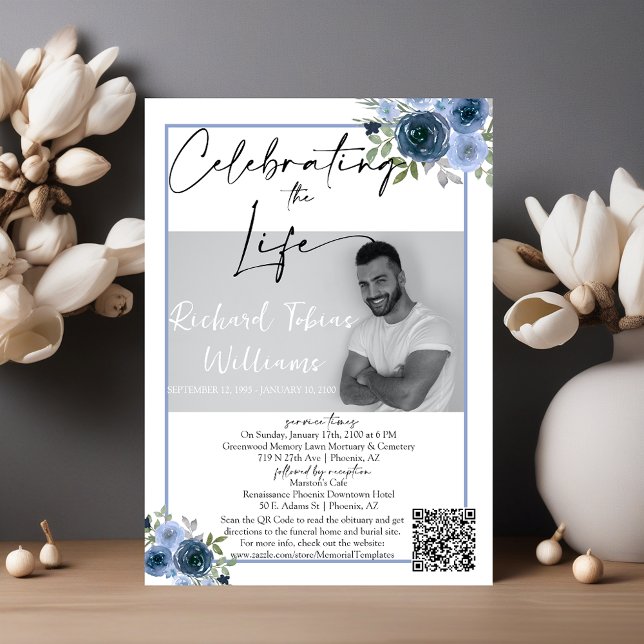 Invitation Dusty Blue Floral QR Code Memorial Photo Funéraill (Créateur téléchargé)