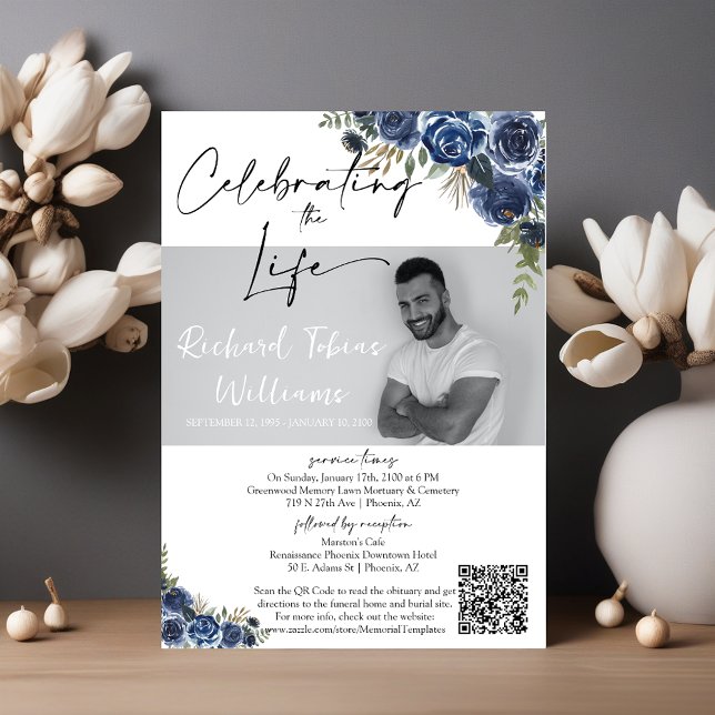 Invitation Dusty Blue Floral QR Code Memorial Photo Funéraill (Créateur téléchargé)