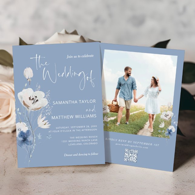 Invitation Dusty Blue Floral QR Code RSVP Mariage photo (Créateur téléchargé)