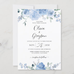 Invitation Dusty Blue Floral QR Code RSVP tout en un Mariage