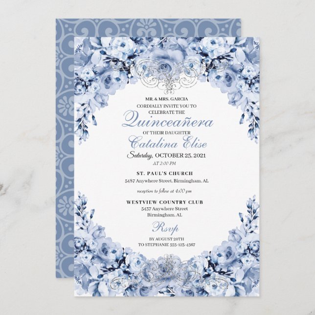 Invitation Dusty Blue Floral Quinceanera Anniversaire (Devant / Derrière)