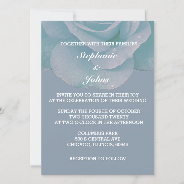 Invitation Dusty Blue Floral Rose Élégant Mariage moderne (Devant)