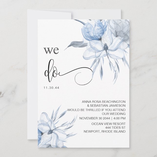 Invitation *~* Dusty Blue Floral RSVP - QR Rose AR15 MARIAGE (Devant)