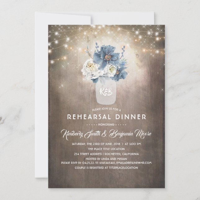 Invitation Dusty Blue Floral Rustic Country Rehearer Dîner (Devant)