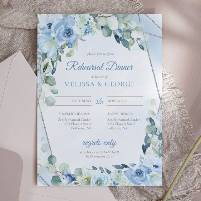 Invitation Dusty Blue Floral Silver Reproduction de cadre géo (chic winter watercolor blue flowers mixed fresh eucalyptus and silver frame rehearsal dinner invite)