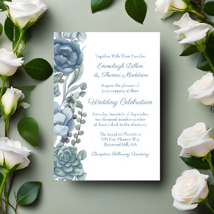 Invitation Dusty Blue Floral Succulents Mariage