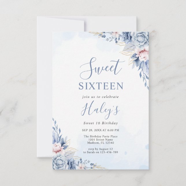 Invitation Dusty Blue Floral Sweet 16 Seize Budget Anniversai (Devant)