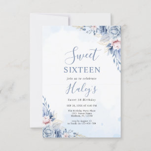 Invitation Dusty Blue Floral Sweet 16 Seize Budget Anniversai