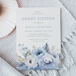 Invitation Dusty Blue Floral Sweet 16 Seteen Party