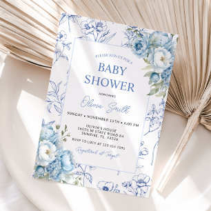 Invitation Dusty Blue Floral Vintage Chinoiserie Baby shower
