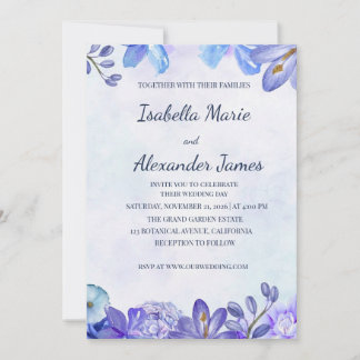 Invitation Dusty Blue Floral Watercolor Frame Wedding Invitat