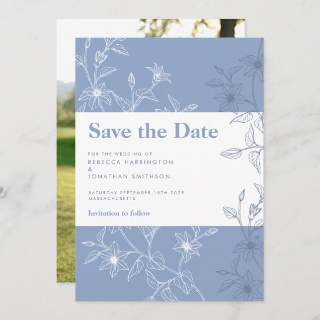 Invitation Dusty Blue Floral Wedding Enregistrer La Date Cart (Devant / Derrière)