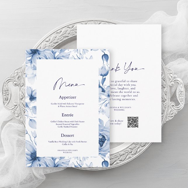 Invitation Dusty Blue Floral Wedding Menu & Thank You Card (Créateur téléchargé)