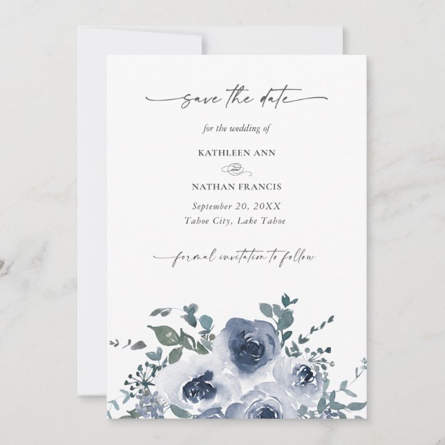 Invitation Dusty Blue Floral Wedding Save the Date (Devant)