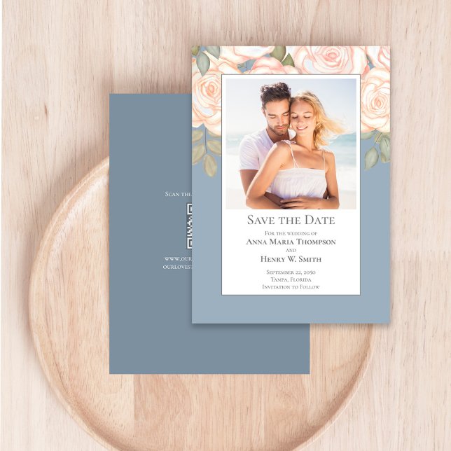 Invitation Dusty Blue Floral Wedding Save the Date Photo (Dusty blue and blush pink floral save the date photo card.)