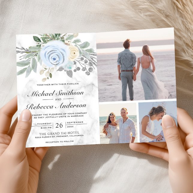 Invitation Dusty Blue Floral White Marble QR Code Wedding (Créateur téléchargé)