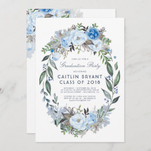 Invitation Dusty Blue Floral Wreath Élégante fête de graduati