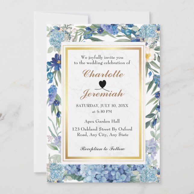 Invitation Dusty Blue Floral Wreath Mariage de feuillage (Devant)