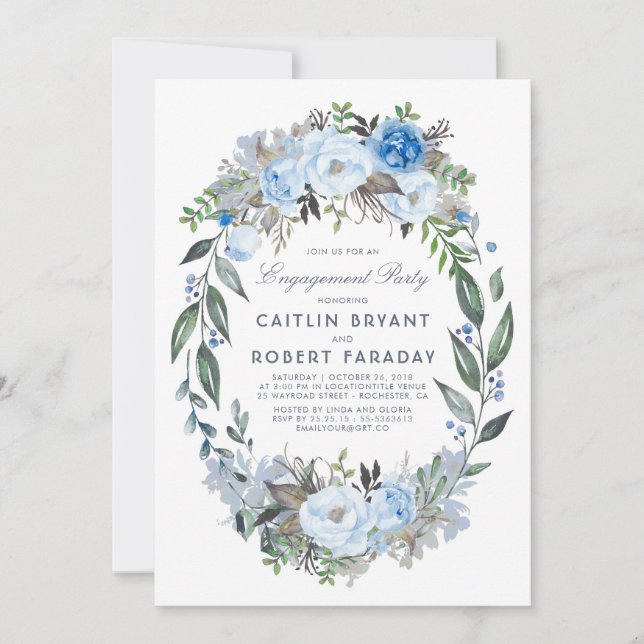 Invitation Dusty Blue Floral Wreath Party (Devant)