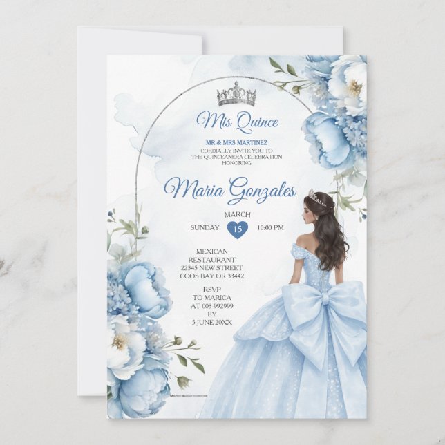 Invitation Dusty Blue Floral XV Birthday Invite with Crown (Devant)