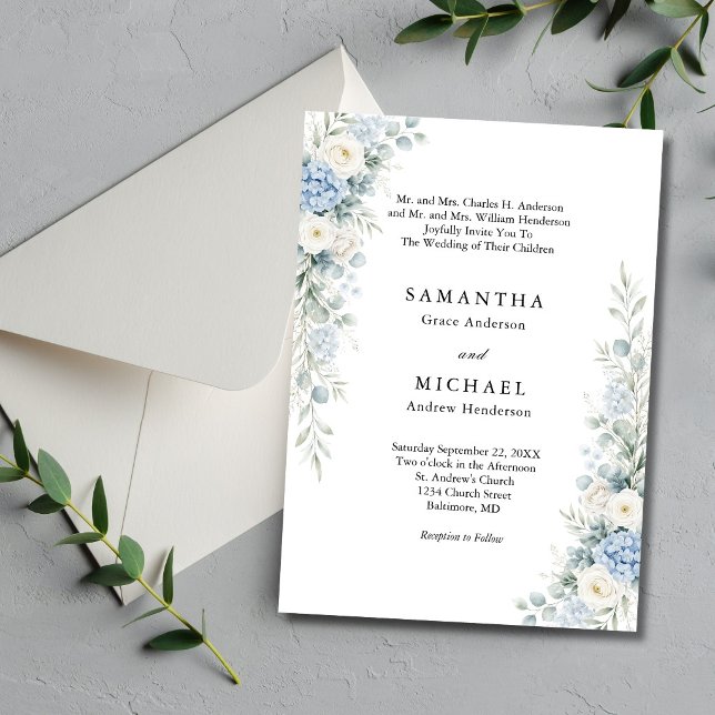 Invitation Dusty Blue Florals Both Parents Names Wedding (Dusty blue, cream and white watercolor florals elegant traditional wedding invitation)
