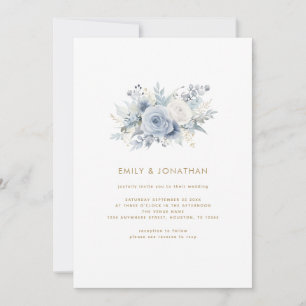 Invitation Dusty Blue Florals Gold Script QR Code Mariage