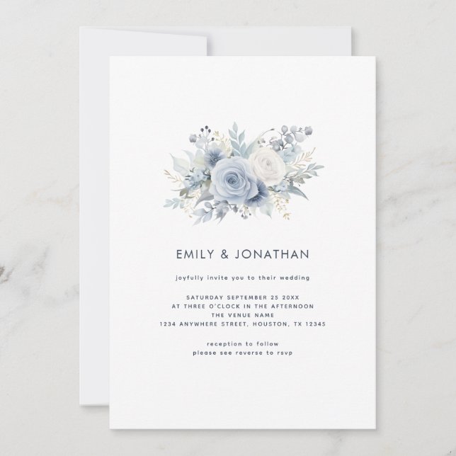 Invitation Dusty Blue Florals Navy Texte QR Code Mariage (Devant)