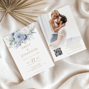 Invitation Dusty Blue Florals Photo Gold Texte QR Code Mariag