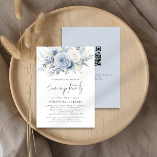 Invitation Dusty Blue Florals QR Code Mariage soirée