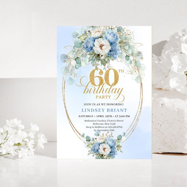 Invitation Dusty blue flowers white peony gold 60th birthday  (Dusty blue flowers white peony gold 60th birthday invitation

)